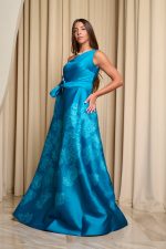 Φόρεμα maxi κρεπ σατέν one shoulder με floral print βεραμάν