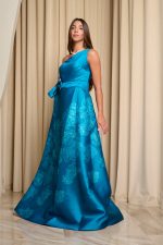 Φόρεμα maxi κρεπ σατέν one shoulder με floral print βεραμάν
