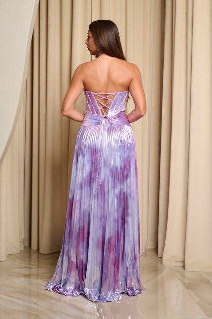 Φόρεμα maxi πλισέ στράπλες με twisted σχέδιο στην μέση λιλά - ασημί