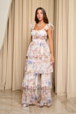 Φόρεμα maxi με διαδοχικά βολάν floral print μπεζ - Image 4