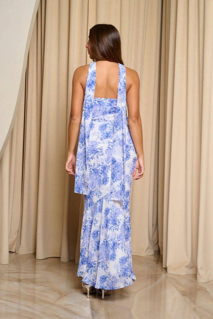 Φόρεμα maxi στράπλες με floral print μπλε - Image 8