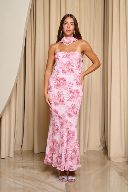 Φόρεμα maxi στράπλες με floral print ροζ