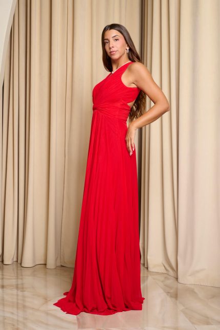 Φόρεμα maxi πλισέ με twisted σχέδιο στο μπούστο κόκκινο
