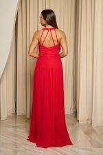 Φόρεμα maxi πλισέ με halter λαιμόκοψη και ραμμένη ζώνη κόκκινο - Image 8