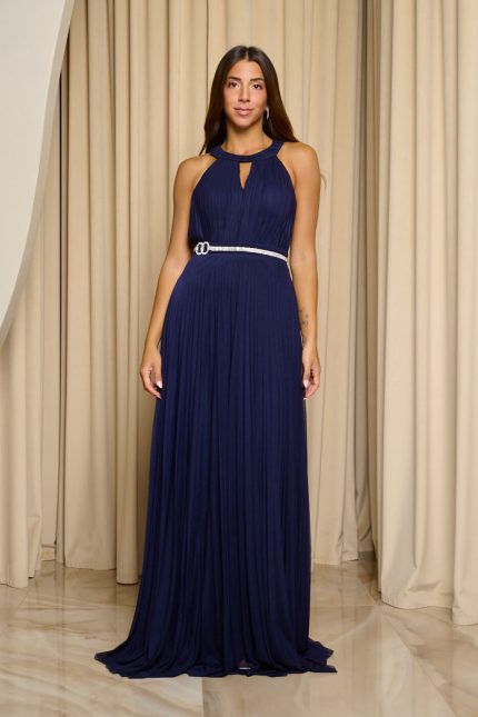 Φόρεμα maxi πλισέ με halter λαιμόκοψη και ραμμένη ζώνη midnight blue