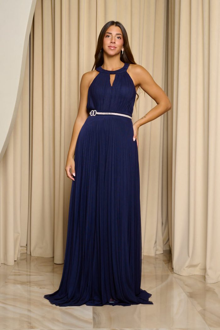 Φόρεμα maxi πλισέ με halter λαιμόκοψη και ραμμένη ζώνη midnight blue - Image 2