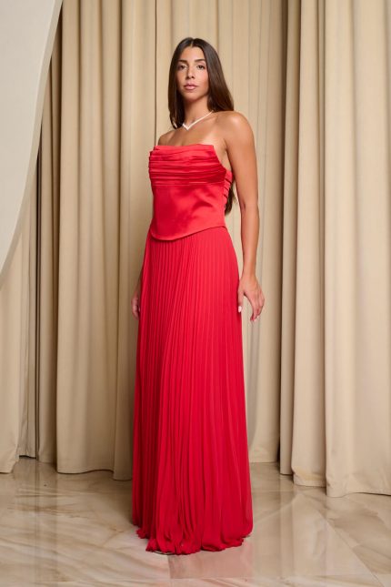 Φόρεμα maxi πλισέ στράπλες με πιέτες στο μπούστο κόκκινο
