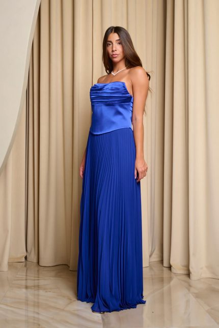 Φόρεμα maxi πλισέ στράπλες με πιέτες στο μπούστο μπλε ρουά