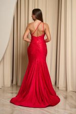 Φόρεμα maxi one shoulder γοργονέ με στρας λεπτομέρειες κόκκινο