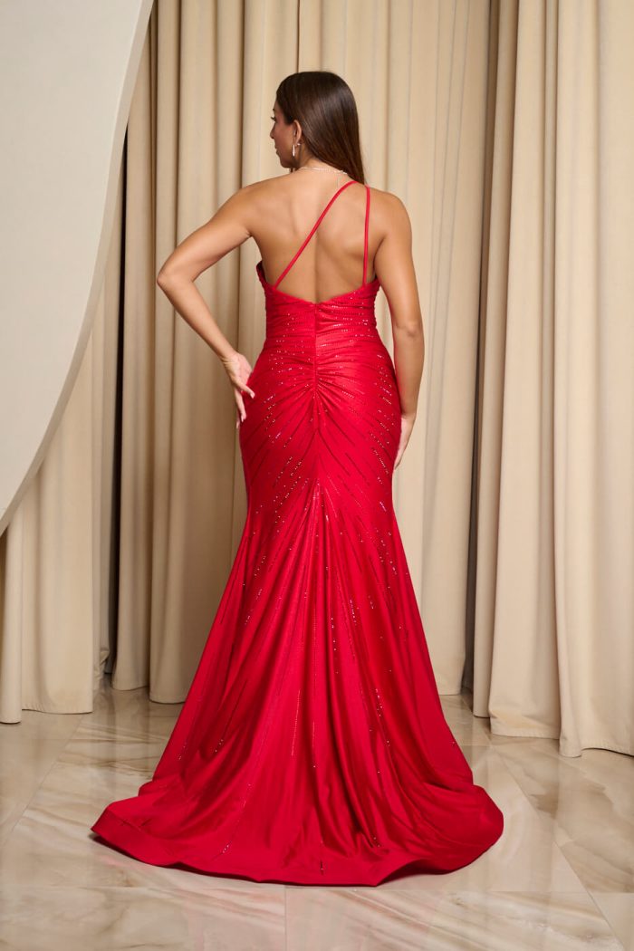 Φόρεμα maxi one shoulder γοργονέ με στρας λεπτομέρειες κόκκινο
