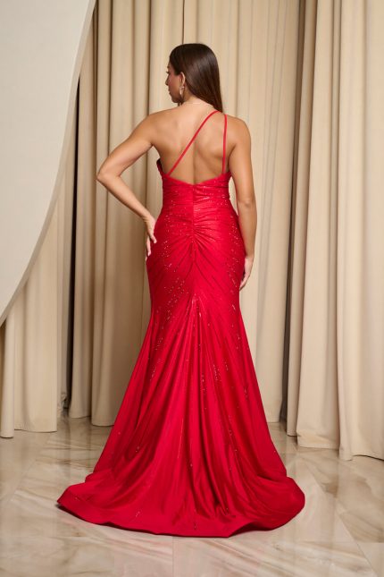 Φόρεμα maxi one shoulder γοργονέ με στρας λεπτομέρειες κόκκινο