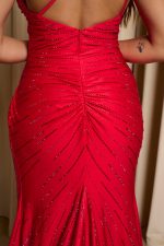 Φόρεμα maxi one shoulder γοργονέ με στρας λεπτομέρειες κόκκινο