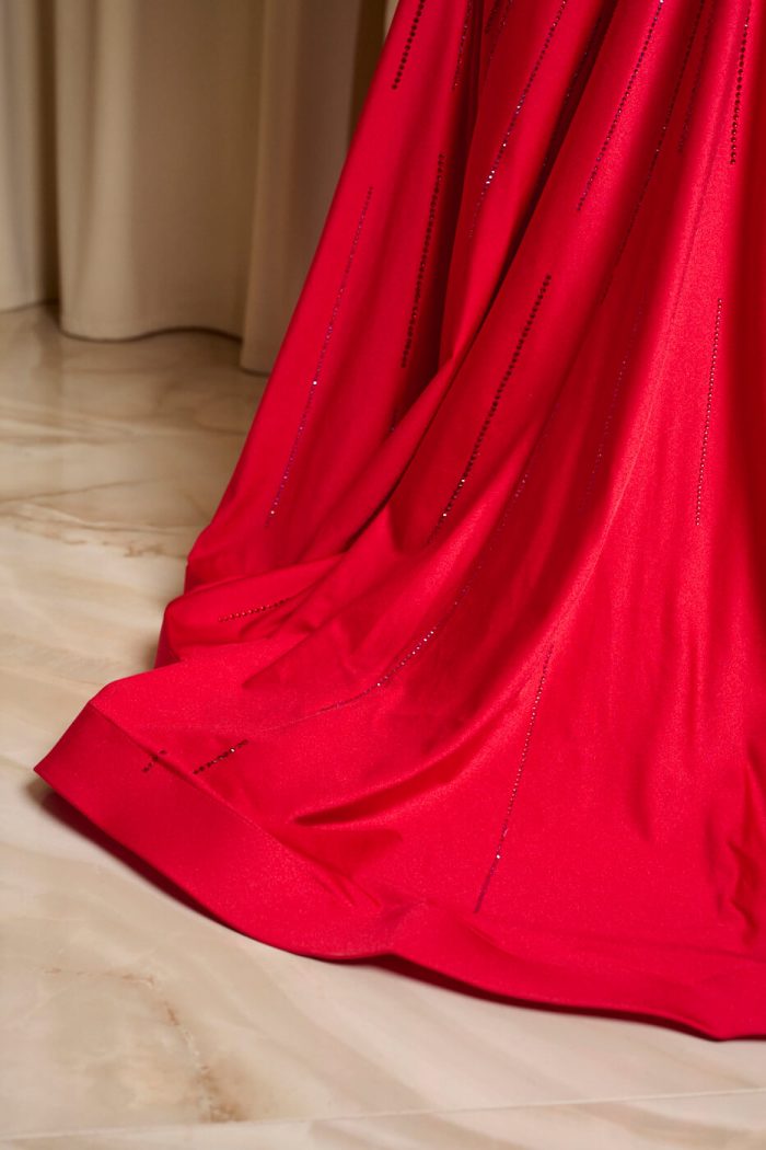 Φόρεμα maxi one shoulder γοργονέ με στρας λεπτομέρειες κόκκινο