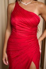 Φόρεμα maxi one shoulder γοργονέ με στρας λεπτομέρειες κόκκινο
