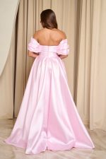 Φόρεμα maxi γυαλιστερή οργάντζα off shoulder με κορσέ baby pink