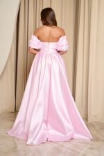 Φόρεμα maxi γυαλιστερή οργάντζα off shoulder με κορσέ baby pink