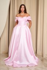 Φόρεμα maxi γυαλιστερή οργάντζα off shoulder με κορσέ baby pink