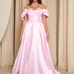 Φόρεμα maxi γυαλιστερή οργάντζα off shoulder με κορσέ baby pink