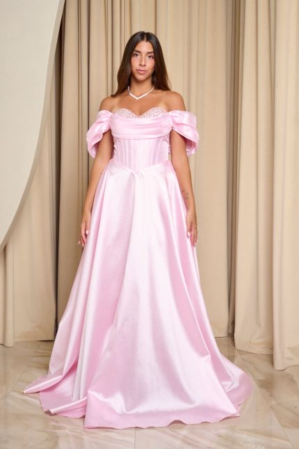 Φόρεμα maxi γυαλιστερή οργάντζα off shoulder με κορσέ baby pink