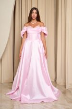 Φόρεμα maxi γυαλιστερή οργάντζα off shoulder με κορσέ baby pink