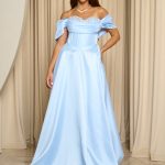 Φόρεμα maxi γυαλιστερή οργάντζα off shoulder με κορσέ baby blue
