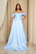 Φόρεμα maxi γυαλιστερή οργάντζα off shoulder με κορσέ baby blue