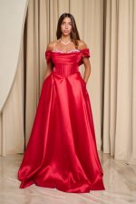 Φόρεμα maxi γυαλιστερή οργάντζα off shoulder με κορσέ κόκκινο