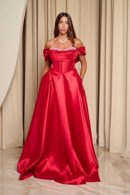 Φόρεμα maxi γυαλιστερή οργάντζα off shoulder με κορσέ κόκκινο