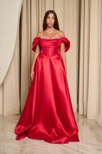 Φόρεμα maxi γυαλιστερή οργάντζα off shoulder με κορσέ κόκκινο
