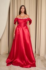 Φόρεμα maxi γυαλιστερή οργάντζα off shoulder με κορσέ κόκκινο