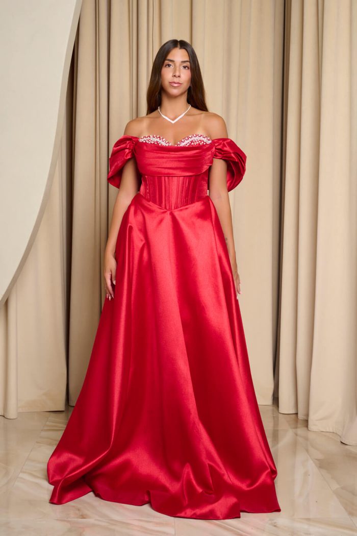Φόρεμα maxi γυαλιστερή οργάντζα off shoulder με κορσέ κόκκινο