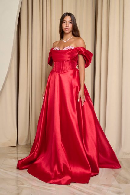 Φόρεμα maxi γυαλιστερή οργάντζα off shoulder με κορσέ κόκκινο