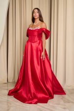Φόρεμα maxi γυαλιστερή οργάντζα off shoulder με κορσέ κόκκινο