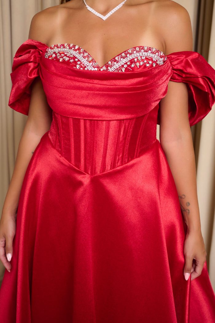 Φόρεμα maxi γυαλιστερή οργάντζα off shoulder με κορσέ κόκκινο