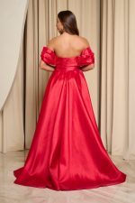 Φόρεμα maxi γυαλιστερή οργάντζα off shoulder με κορσέ κόκκινο