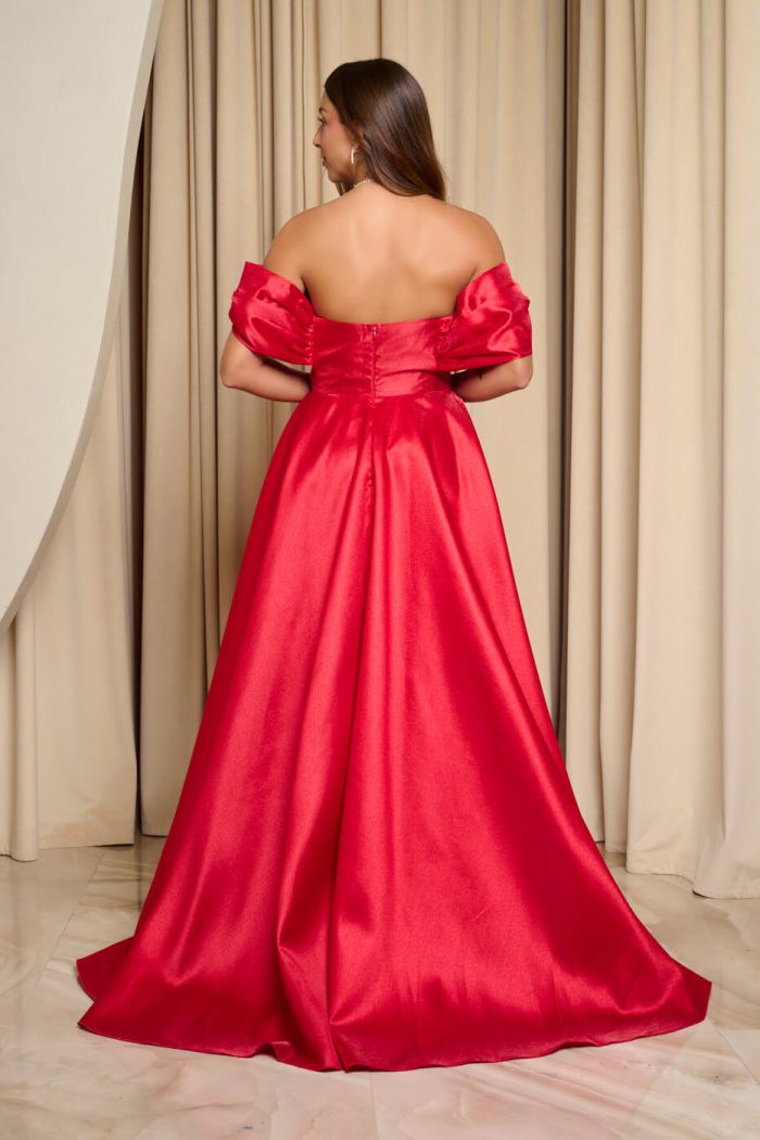 Φόρεμα maxi γυαλιστερή οργάντζα off shoulder με κορσέ κόκκινο