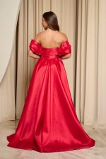 Φόρεμα maxi γυαλιστερή οργάντζα off shoulder με κορσέ κόκκινο
