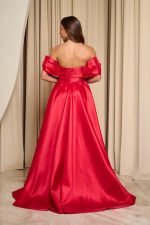 Φόρεμα maxi γυαλιστερή οργάντζα off shoulder με κορσέ κόκκινο