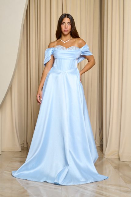 Φόρεμα maxi γυαλιστερή οργάντζα off shoulder με κορσέ baby blue