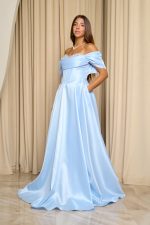 Φόρεμα maxi γυαλιστερή οργάντζα off shoulder με κορσέ baby blue - Image 5