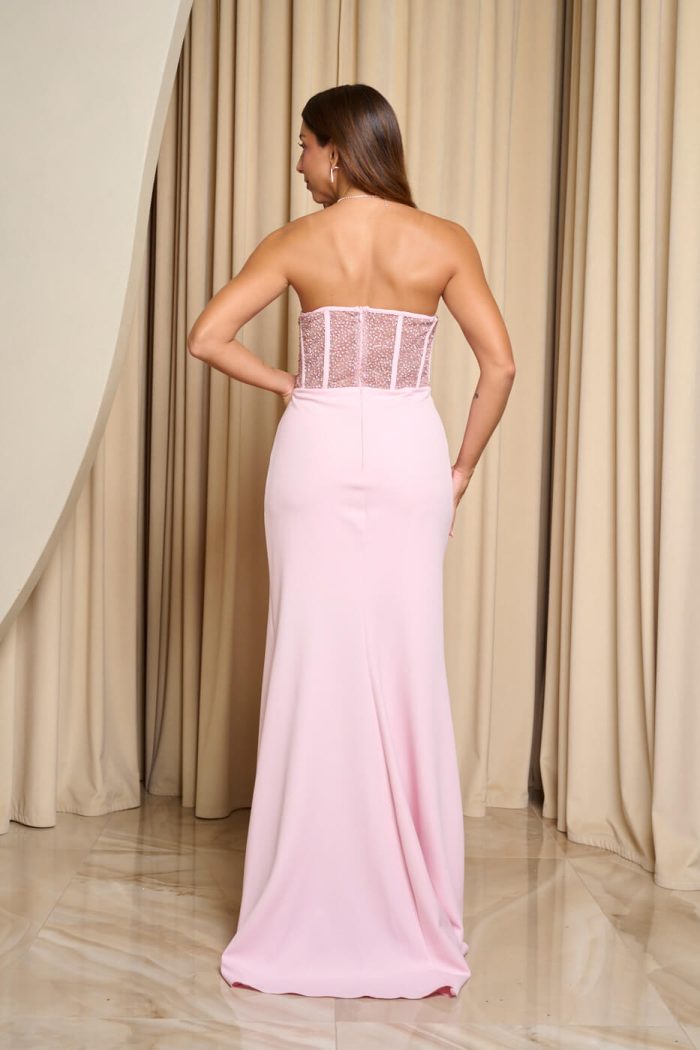 Φόρεμα maxi στράπλες με κορσέ baby pink