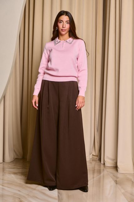 Μπλούζα πλεκτή baby pink με πέτρες στον γιακά