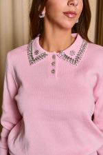 Μπλούζα πλεκτή baby pink με πέτρες στον γιακά