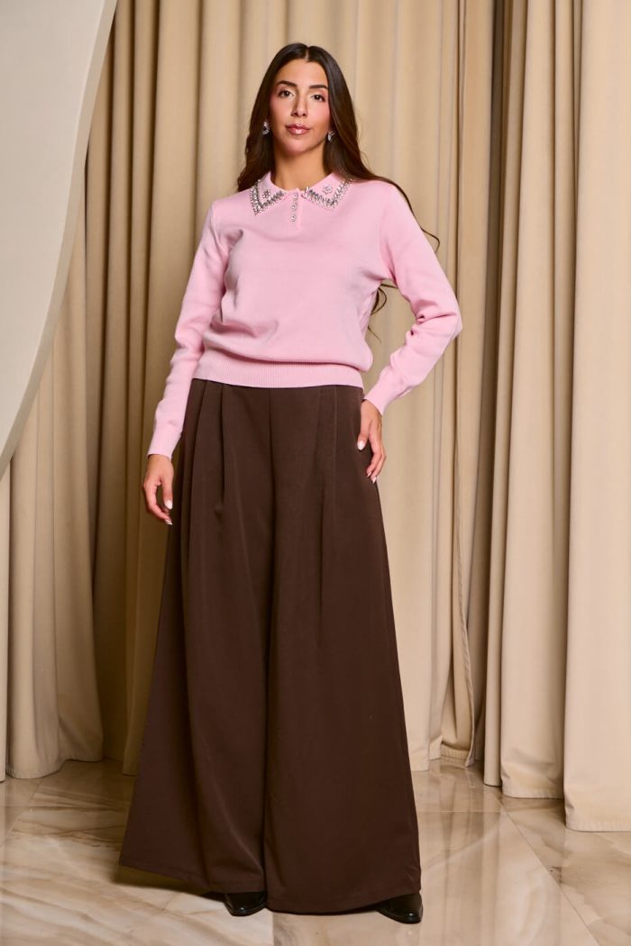 Μπλούζα πλεκτή baby pink με πέτρες στον γιακά