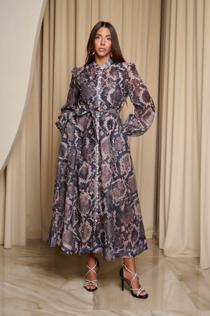Φόρεμα maxi snake print με λευκά στρας
