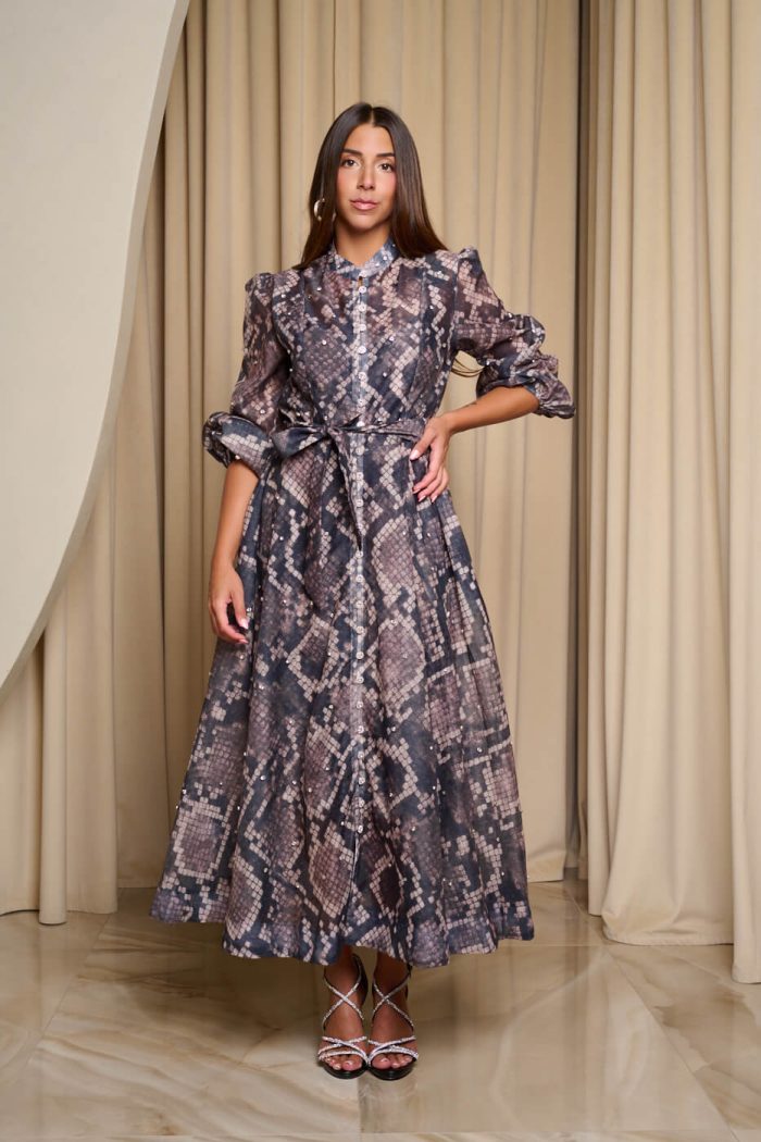 Φόρεμα maxi snake print με λευκά στρας