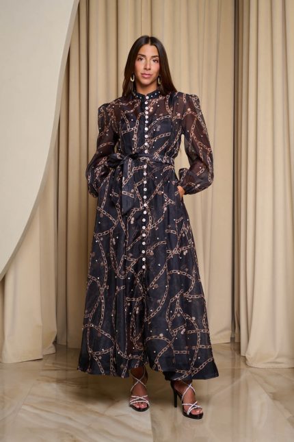 Φόρεμα maxi με chain print και λευκά στρας σε μαύρο