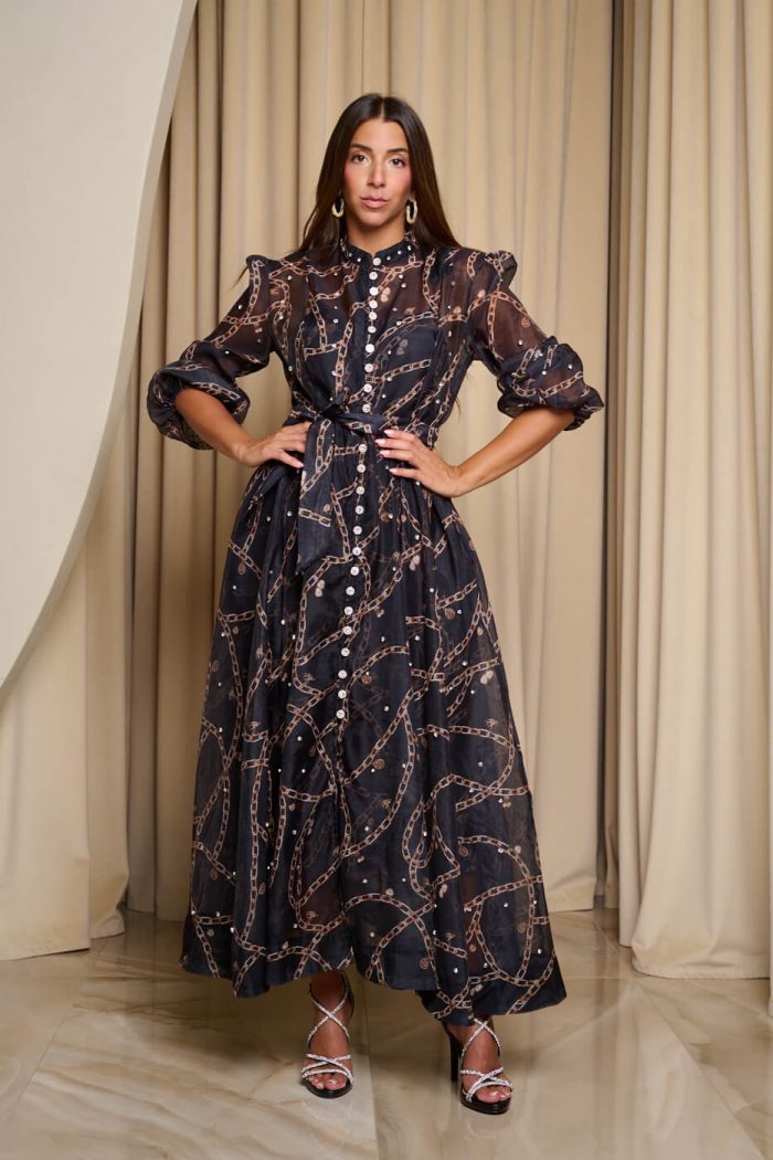 Φόρεμα maxi με chain print και λευκά στρας σε μαύρο