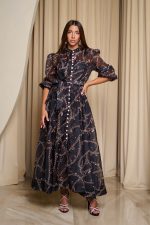 Φόρεμα maxi με chain print και λευκά στρας σε μαύρο