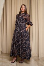 Φόρεμα maxi με chain print και λευκά στρας σε μαύρο